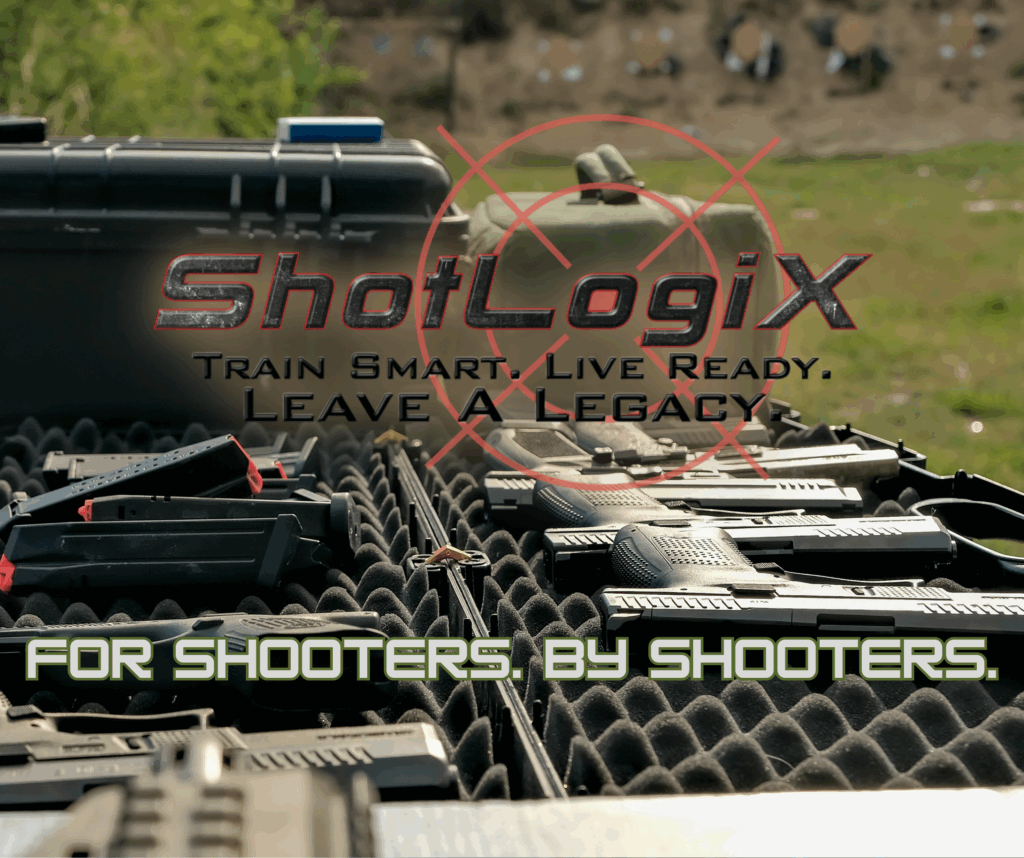 Tactical gear and firearms laid out on a table with the ShotLogix logo and the phrase "For Shooters. By Shooters."